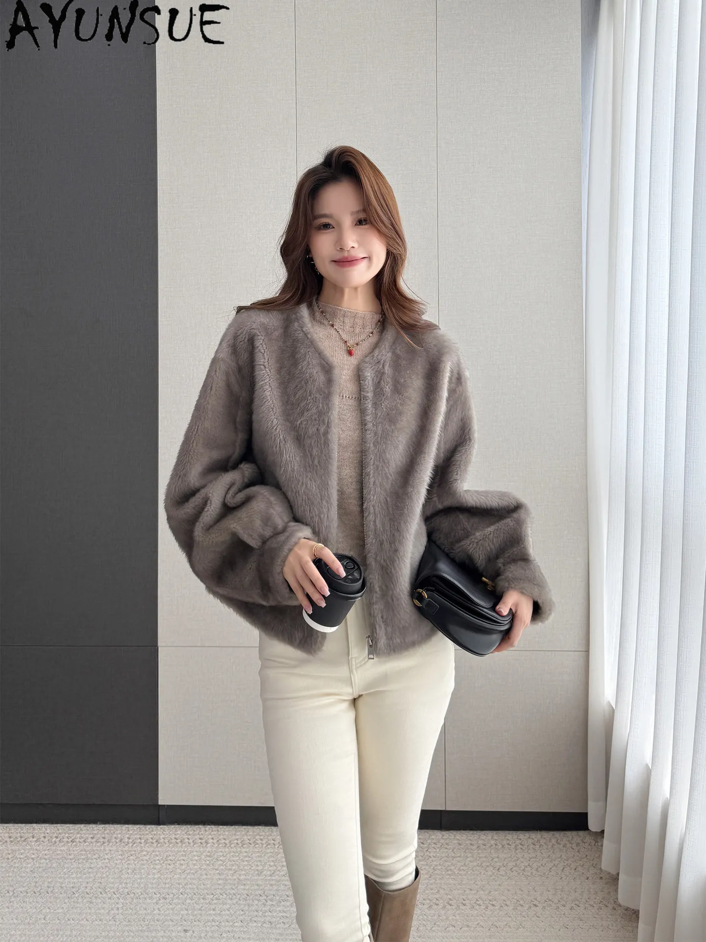 AYUNSUE Natural Sheep Fur Coat Women Warm Lagon Lamb Wool Real Jacket Woman Motorcycle Winter Clothes Loose Fit Пальто Женское