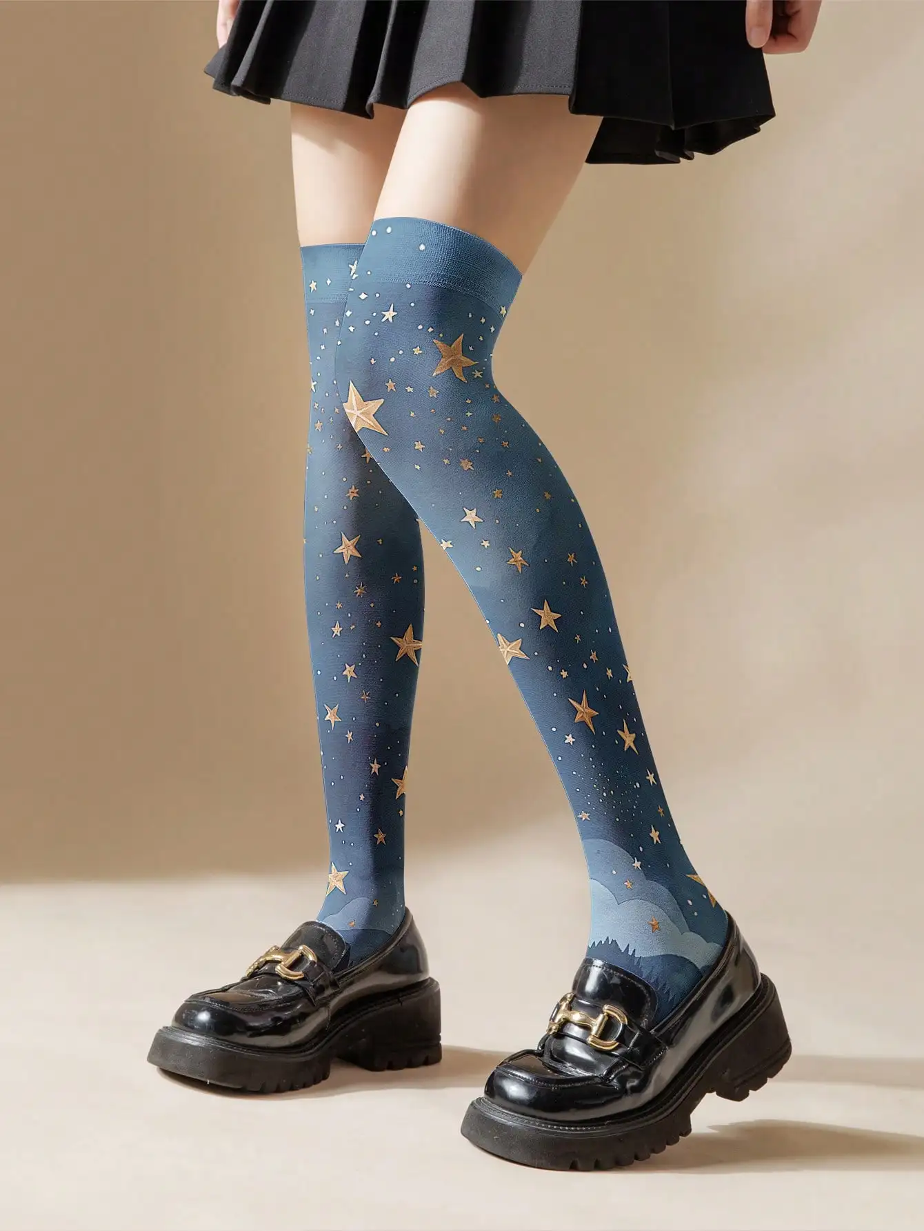 

Thigh High Stockings with Golden Stars & Night Sky Print, 3D Digital Transfer, Y2K Style