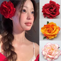 Grampos de cabelo grandes flores para mulheres e meninas, cocar diy, pano flocado, flor rosa, grampos de cabelo, coreano doce, casamento, novo, 2024