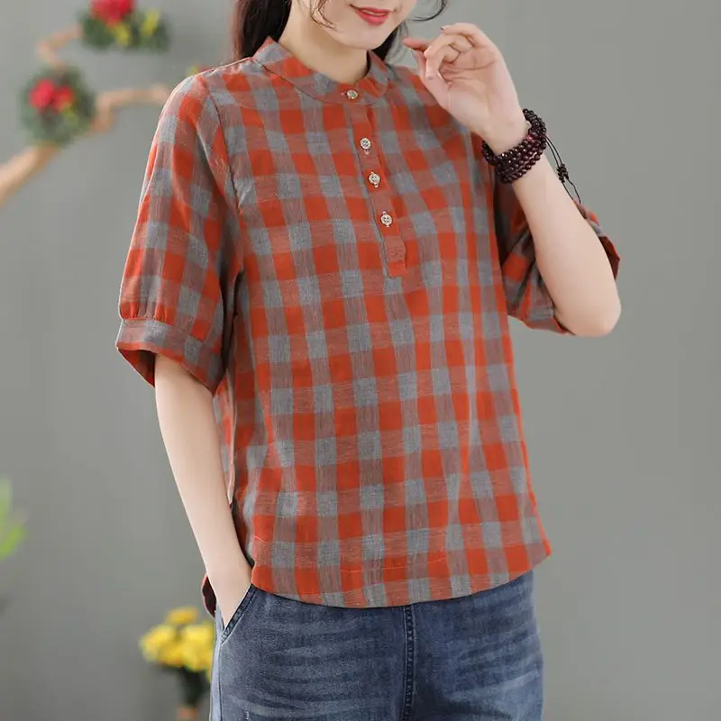 Women\'s Clothing 2023 Summer Retro Plaid Cotton Shirt Fashion Stand Collar Short Sleeve Loose Blouse Simple Casual Pullover Tops