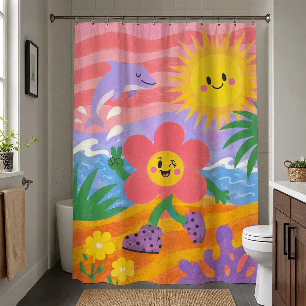 Cute Retro Beach Day Shower Curtain Rainbow Dolphin Sun Flower Tropical Bathroom Decor Fun Shower Curtain