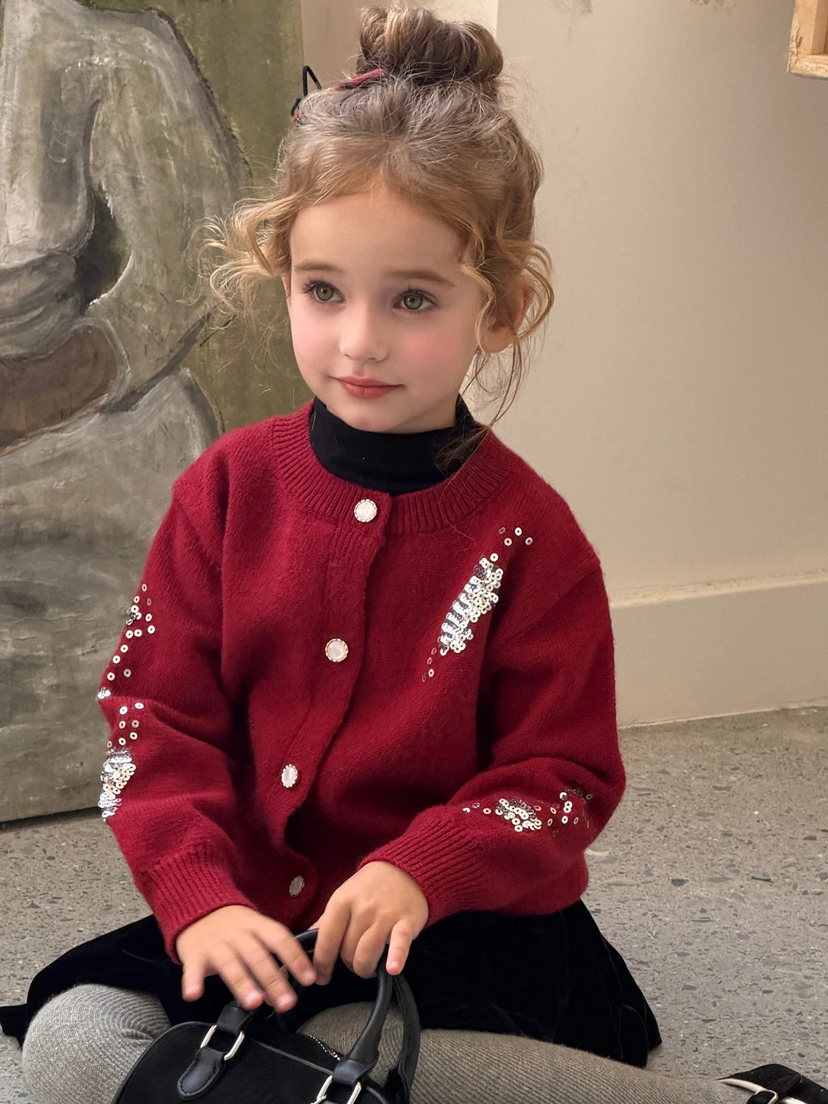Girls Sequin Embroidered Cardigan – Star Pattern Knit Sweater for Christmas 2026, Red Sparkly Holiday Outerwear for Toddler Kids