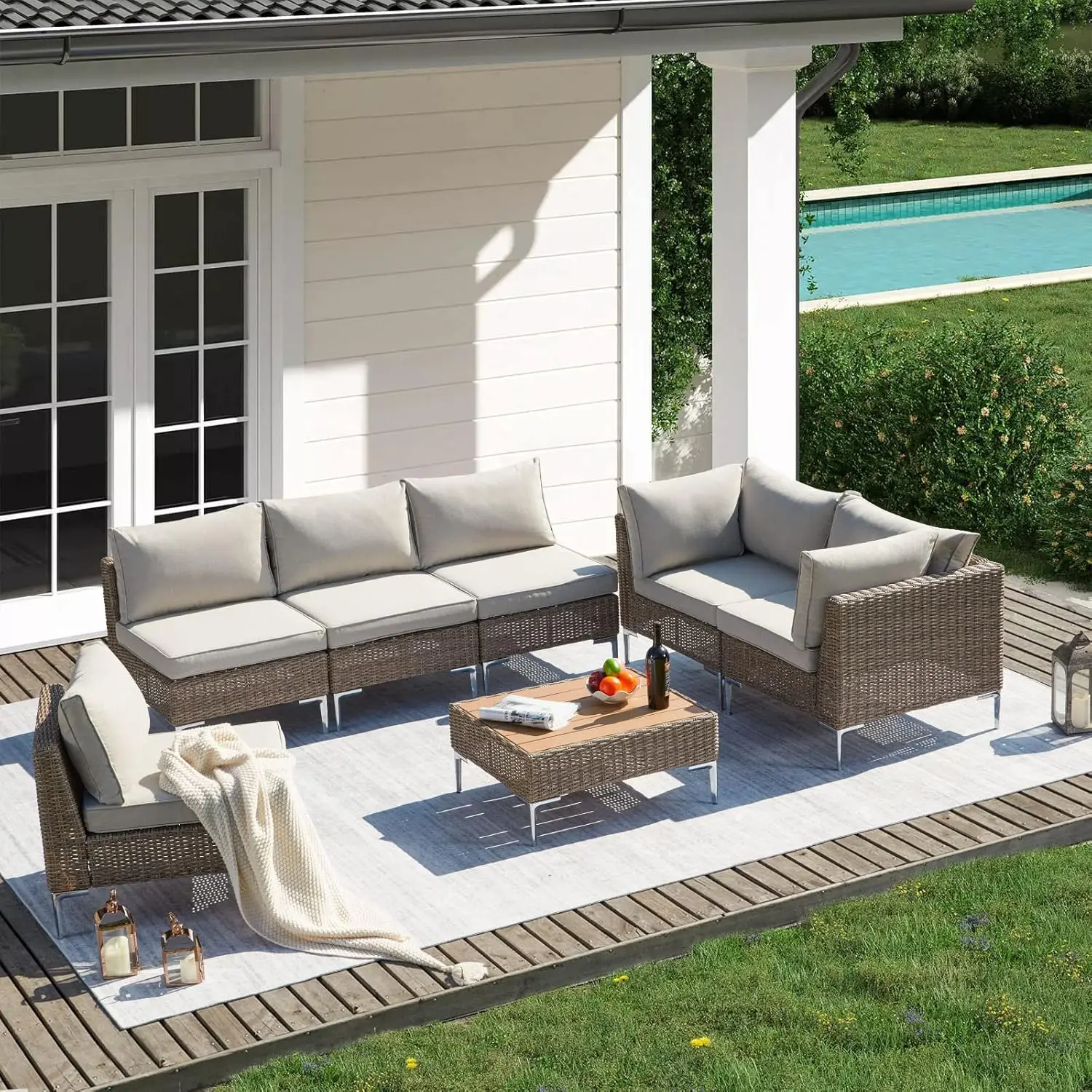 

All-Weather Half-Round Rattan Outdoor Furniture Conversation Set with Cushion and Tea Table for Garden Backyard