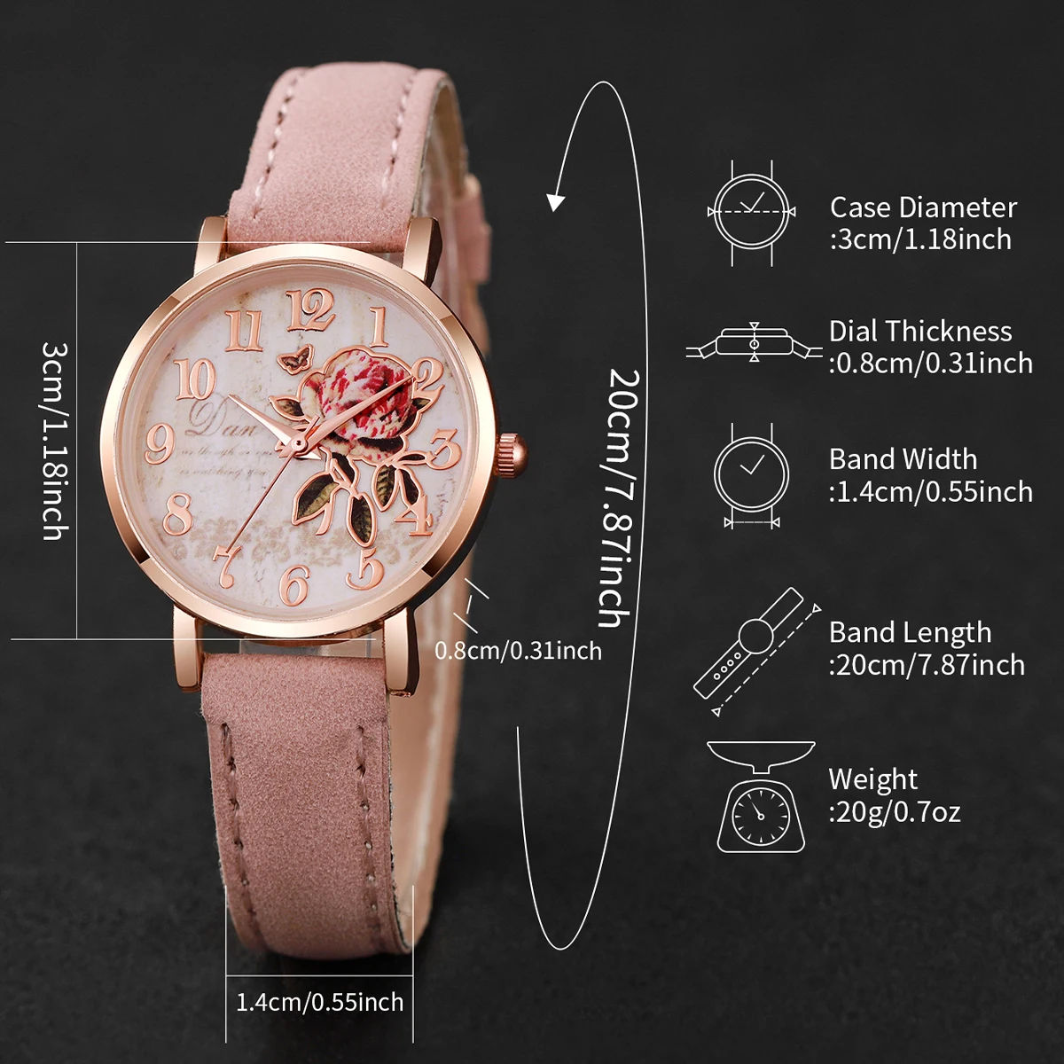 6pcs/set Fashion Women Leather Band Rose Dial Quartz Watch with Pink Bracelet Set (Box not Included)