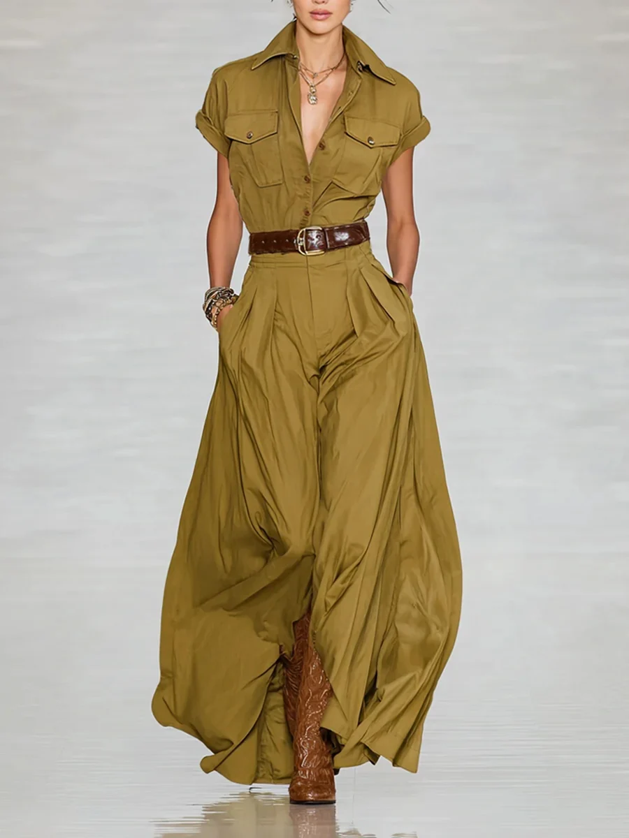 

European American Women's Shirt Maxi Dress Summer Casual Short Sleeve Button Pocket Design Lapel Retro Long Dress With Belt