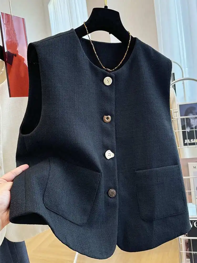 Stylish Retro round Neck Vest Women's Spring Autumn Loose Fit Sleeveless Suit Jacket Outerwear Polyester Fiber Short Length