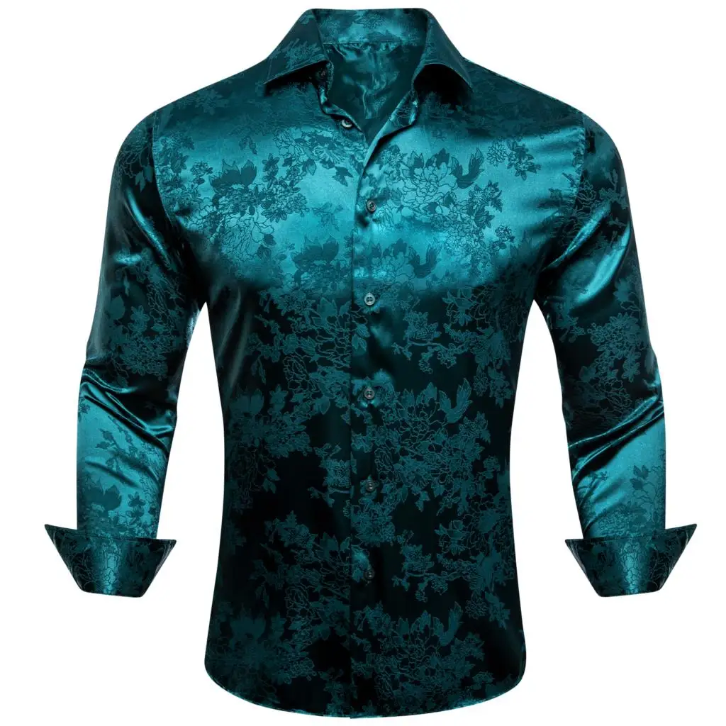 Luxury Silk Shirts for Men Green Solid Paisley Floral Long Sleeve Slim Fit Male Blouse Casual Tops Streetwear Barry Wang