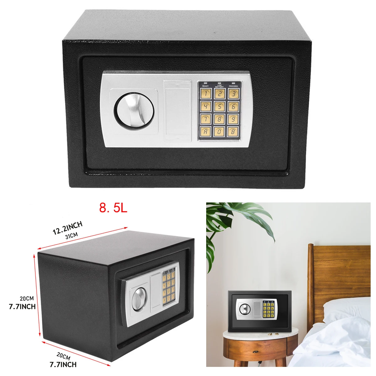 Coffre Fort Ignifuge Etanche 8 5L Numerique Electronique pour Argent Bijoux Documents Objets Valeur pour Maison Bureau Hotel Anti Effraction Securite Portable serrure avec cle de secours fixation murale