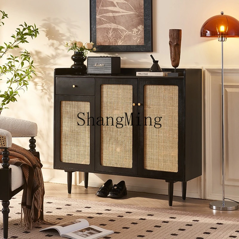 SM solid wood modern simple cabinet with drawers multi-functional layered storage breathable rattan shoe rack