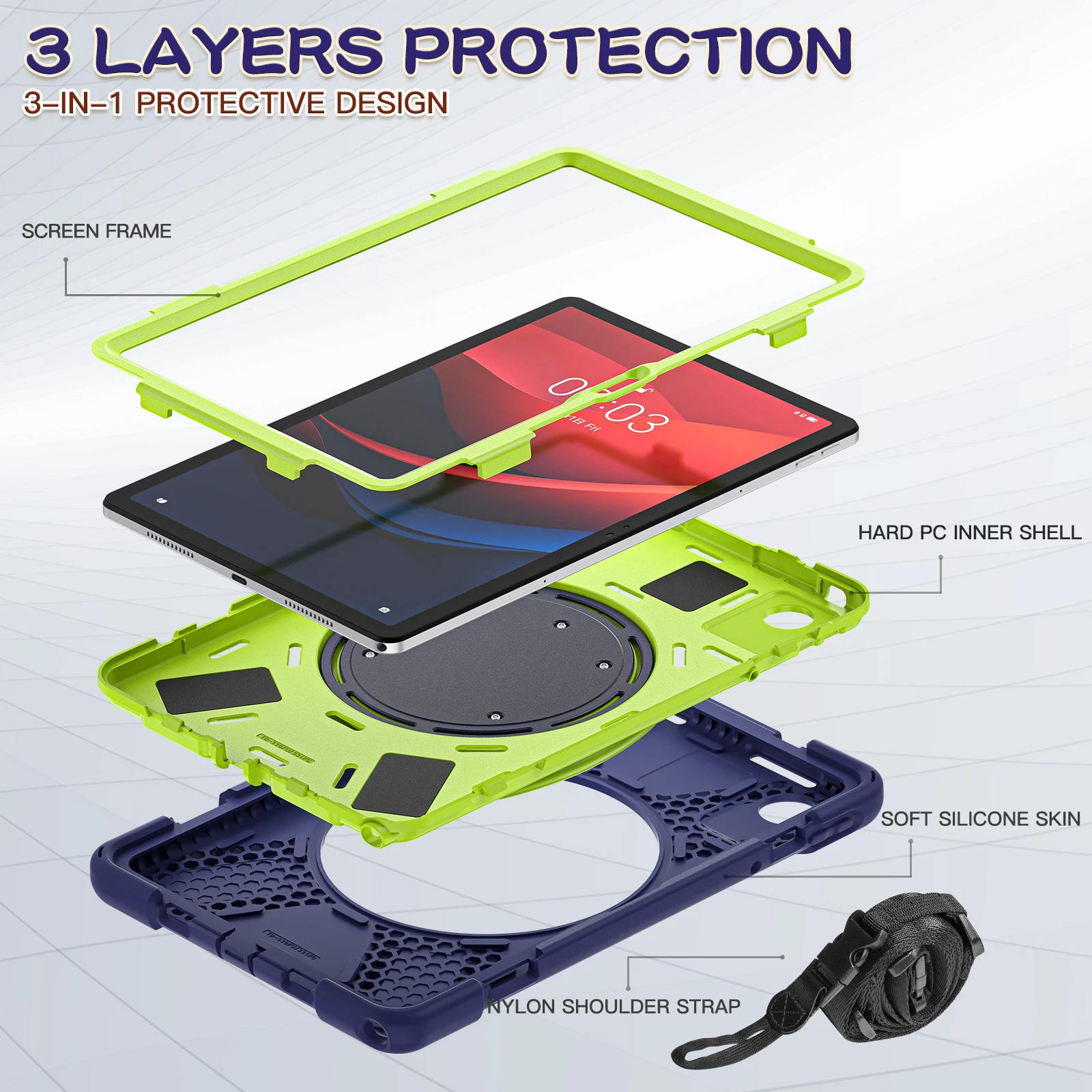 360 Rotating Stand Rugged Case For Lenovo Tab K11 M11 TB-330FU 331FC Xiaoxin Pad 2024 Heavy Duty Armor Cover With Shoulder Strap