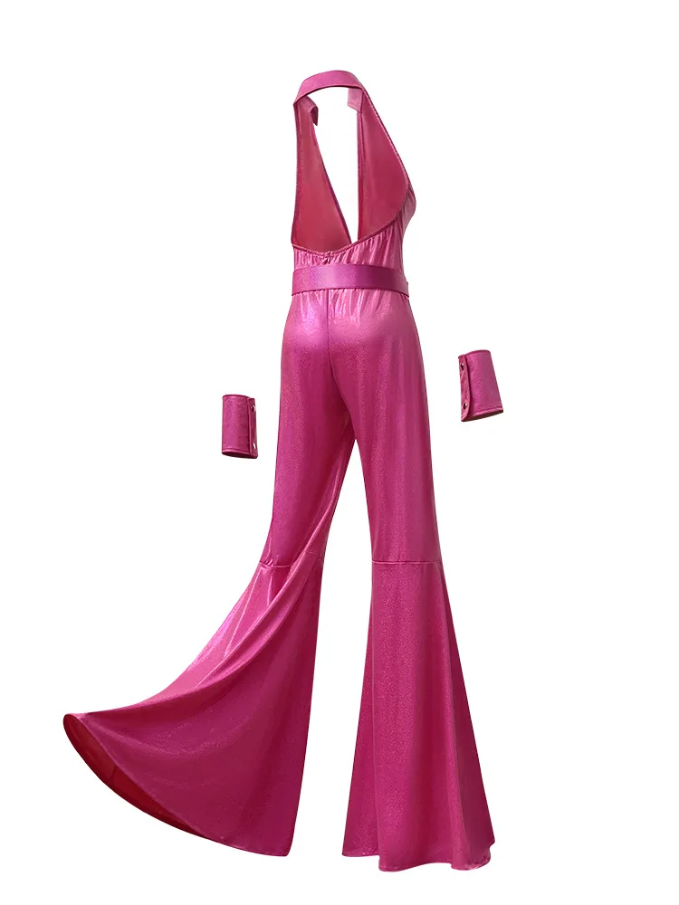 Disco Jumpsuit Hippie Costumes Pie Retro Disco Bidtsyut Pink Hip Hop Flare Bottoms Glitter Jumpsuit Belt and Wrist Strap