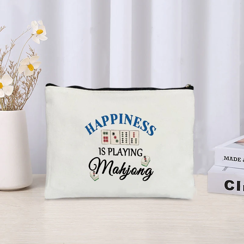 Mahjong Print Canvas Cosmetic Bag Zipper Storage Pencil Bags Wallet Travel Perfume Lipstick Makeup Bags Gift for Gambling Lover