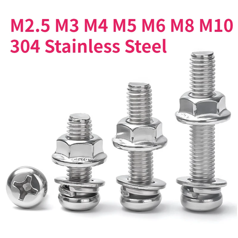 M2.5 M3 M4 M5 M6 M8 M10 304 Stainless Steel Cross Phillips Round Pan Head Screw with Flat & Spring Lock Washer and Flange Nuts