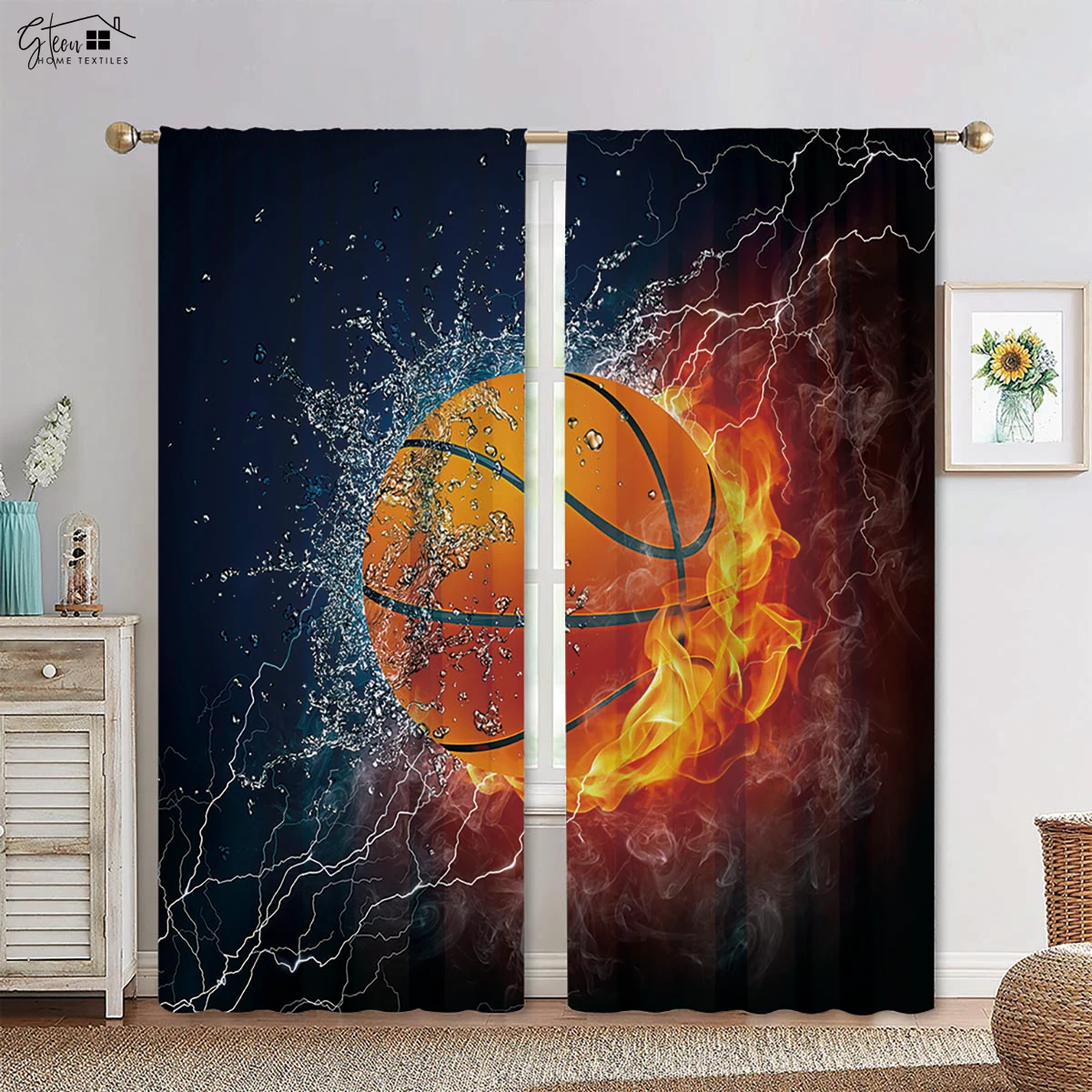 Basketball Football in Water and Fire Black Print Curtain Rod Pocket Machine Washable Bedroom Living Room Decorative Curtains