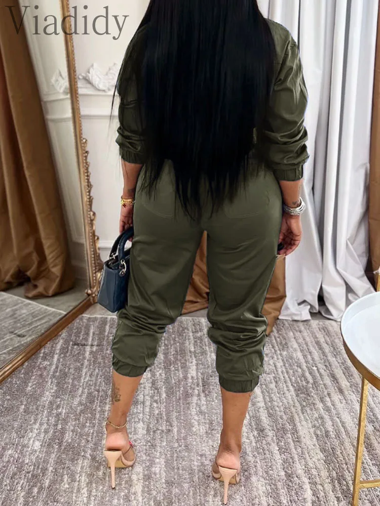 Dames sexy effen kleur rits omslagkraag lange mouw cargo jumpsuits rompertjes
