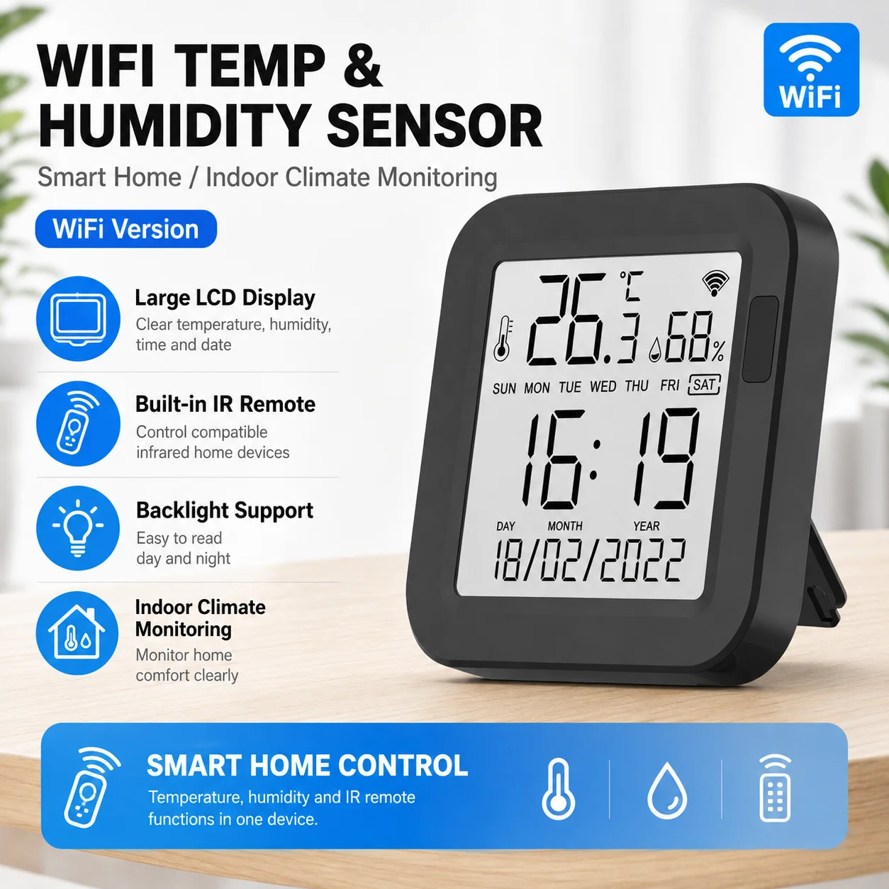 Tuya Temperature And Humidity Sensor With Built-In Infrared Remote Supports Smartlife App Comes With A Backlit Lcd Display