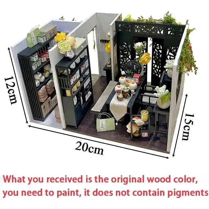 

DIY Wooden Miniature Model Kit Chinese Ancient Tea Room Casa Doll Houses With Furniture Light Home Decor Friends Birthday Gifts