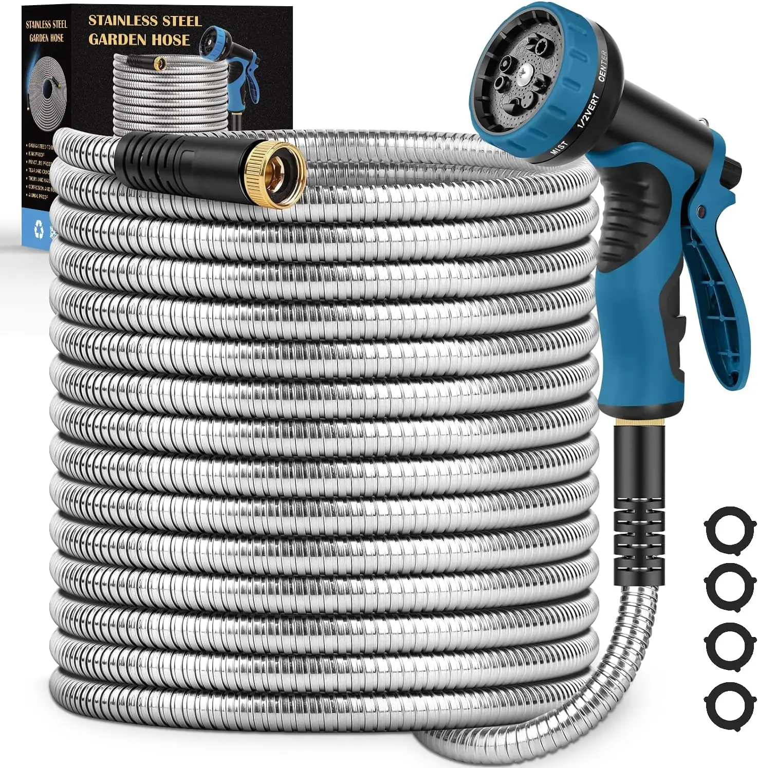 

100FT Garden Hose with 10-Function Nozzle, Kink-Free Flexible Metal Hose, Leak-Proof for Lawn Yard RV Car Wash