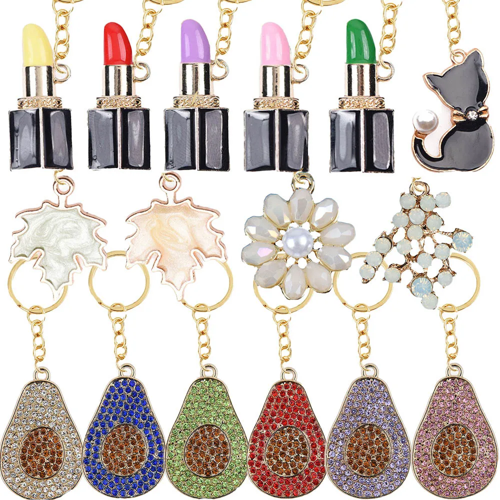 Designer Makeup Lipstick Keychains Colorful Avocado Cats Keyrings Kids Bling Diamond Full Gemstone Key Chains Women Gifts