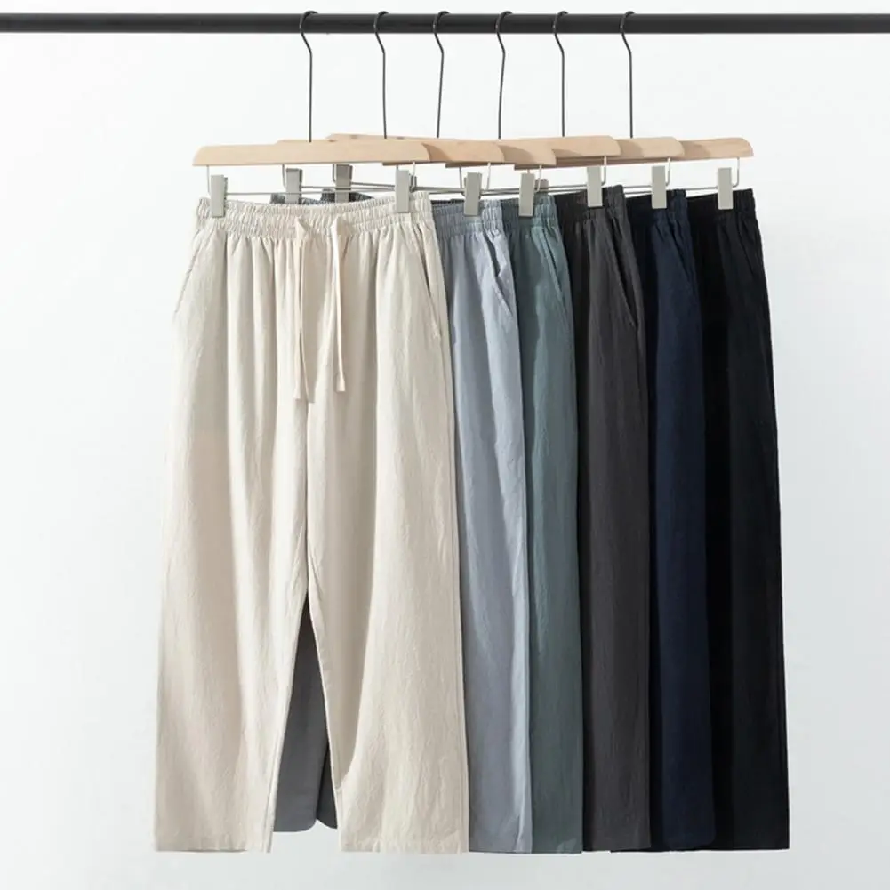 

Men Pants Elastic Waist Loose-fitting Breathable Flax Summer Men Drawstring Straight Pants Men Summer Pants pantalones hombre