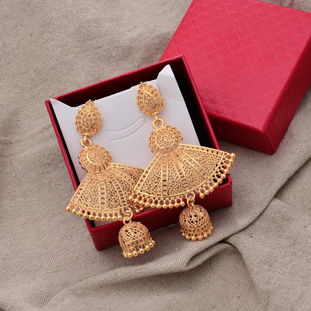 Dubai Nigeria Ethiopian Flowers Gold Color Earrings For Women Girls African Ethnic Earring Mom Wedding Jewerlry Gifts