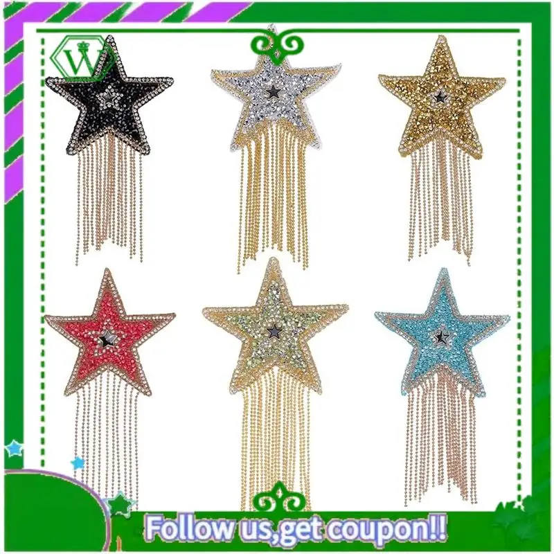 

A18P-6Pcs Star Rhinestone Patches With Chain Tassels Five-Pointed Star Ironing Patches Clothes Hat Jeans Bag Dress Pants DIY