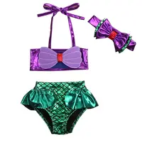 VISgogo 3Pcs Girls Mermaid Bikini Set Lace Up 3D Swimsuits Triangle Briefs Bowknot Elastic Headband Summer Swimwear Suit 6