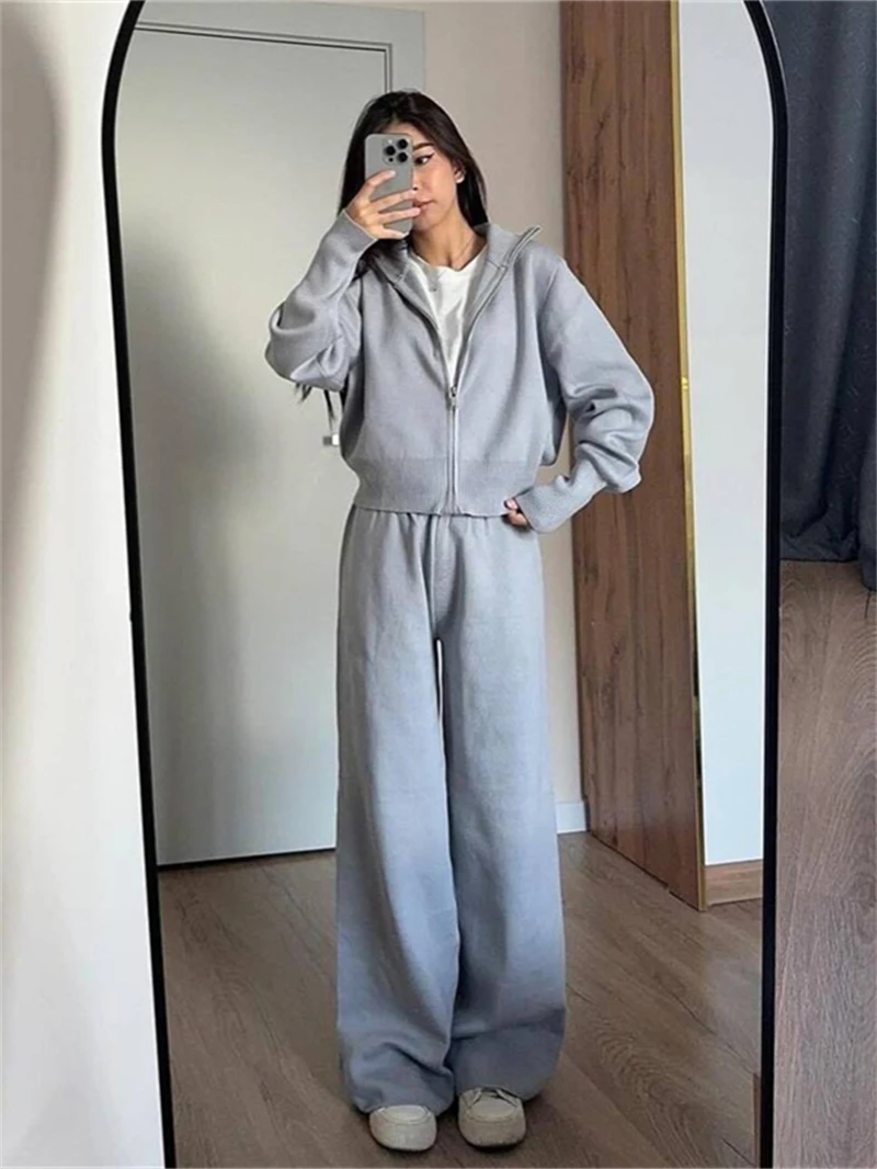 Streetwear Knitted 2 Piece Sets Women Outfit Fall Clothes 2024 Women Zipper Sweater Top and Pant Sets Casual Sweatsuits Knitwear