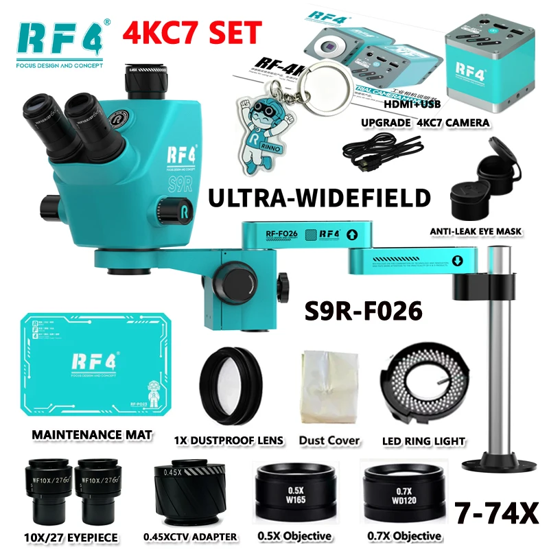 RF4 S9R Ultra-wide High Power Trinocular Microscope 7-74X Continuous Zoom 27mm Field Of Fiew For Mobile Phone Welding Repair