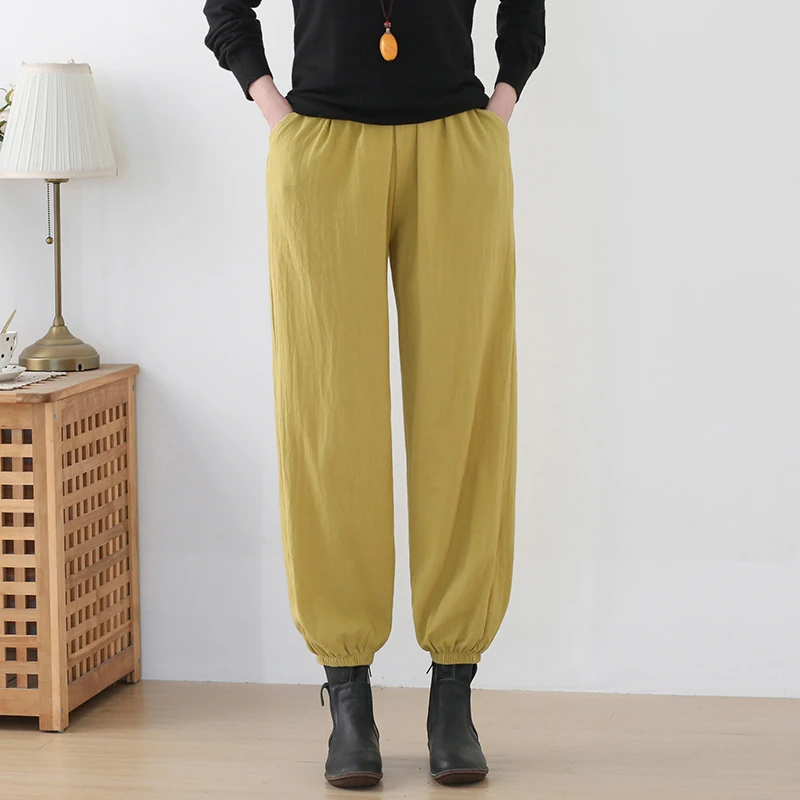 Women cotton linen Pants Spring Autumn Ankle Length Casual Solid Elastic Waist Harem Pants Baggy Joggers Trousers cargo femme