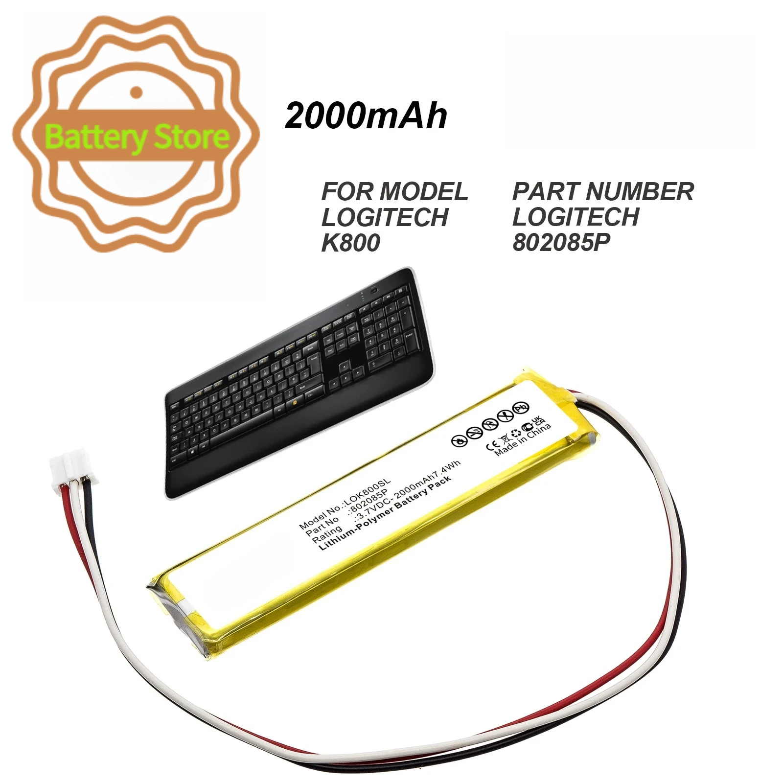 2000mAh Replacement Keyboard Battery For Logitech K800 MX KEYS YR0073 Keyboard 533-000177 533-000221 802085P 533-000141 3.7V