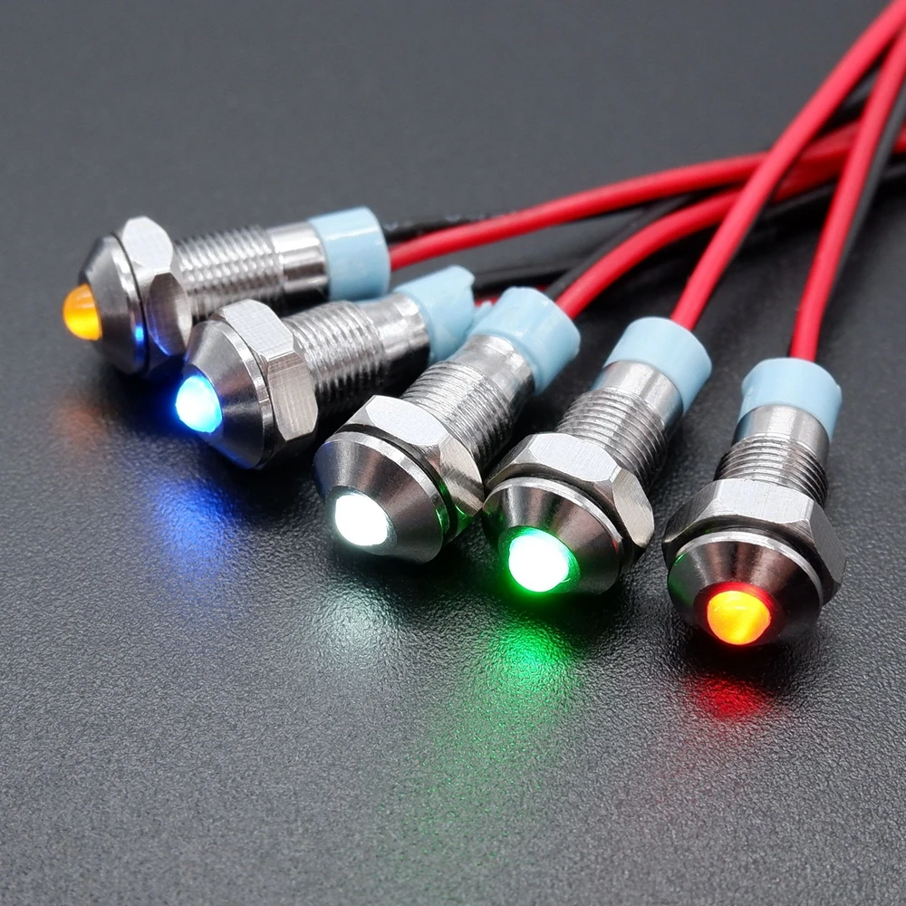 6mm Metal Indicator Light LED Warning Waterproof Signal Lamp With Wire 5V 12V 24V 220V Red/Yellow/Blue/ Green/White Metal Button