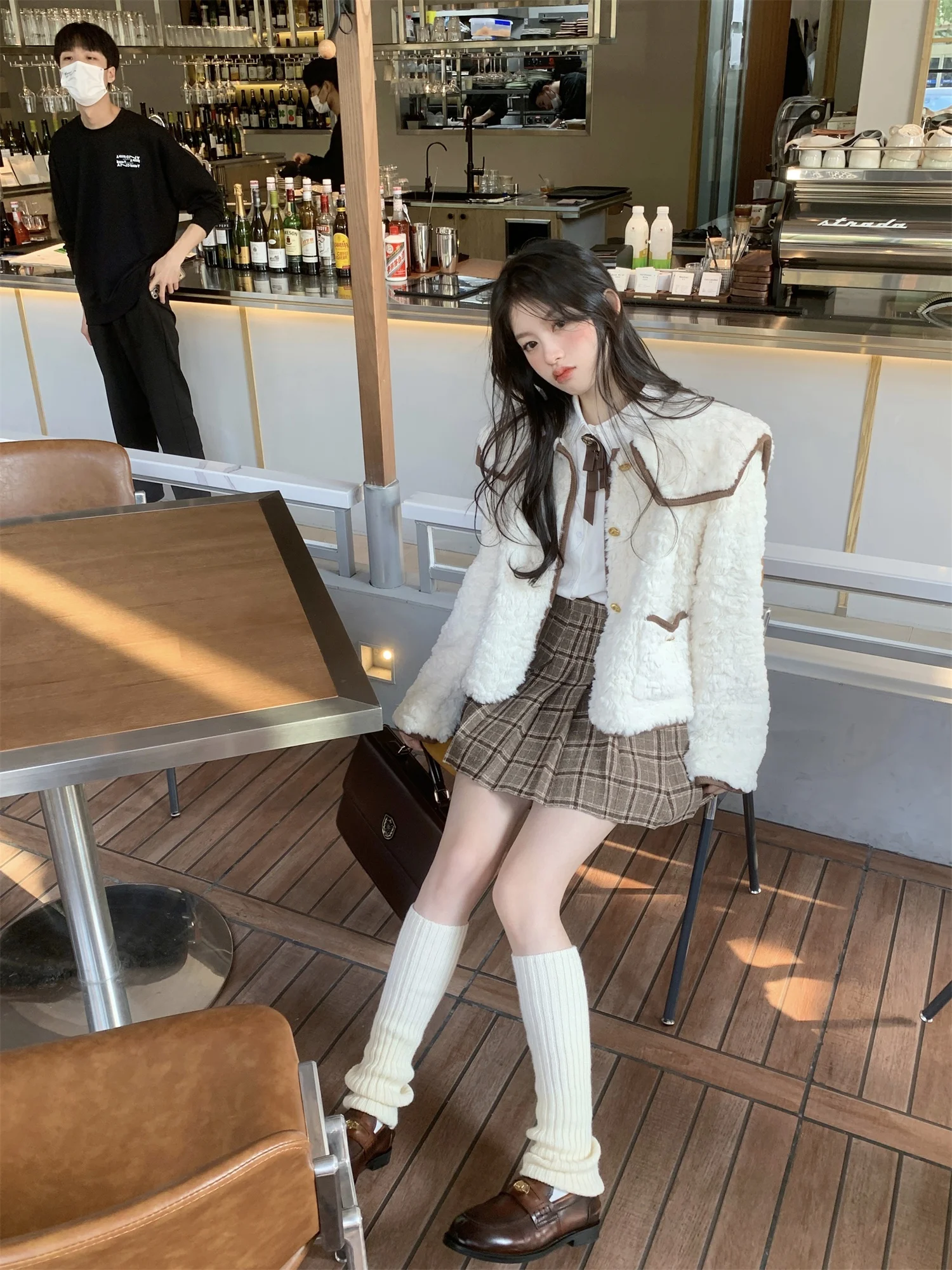 LXLILIUM Klara Sweet Heart Navy Collar Color Blo Fur Leather Jaet Dames top Winter Faion Premium dameskleding