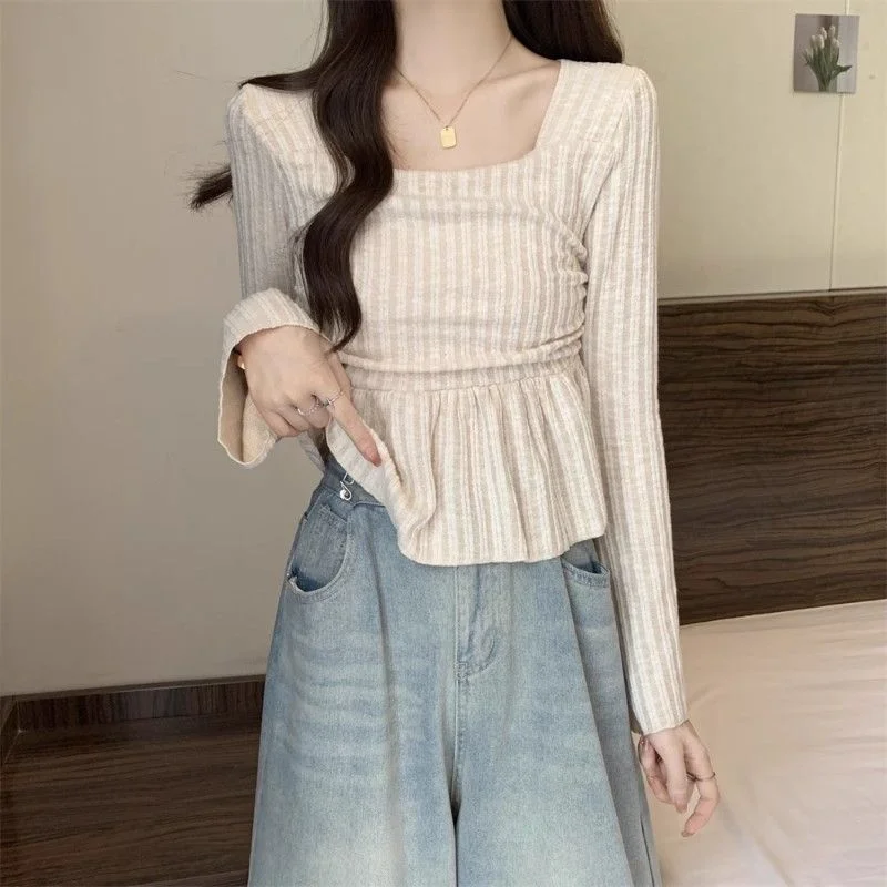 

Кукольная рубашка с французским квадратным воротником, топ для женской весенней базы с длинными рукавами и стильной талией