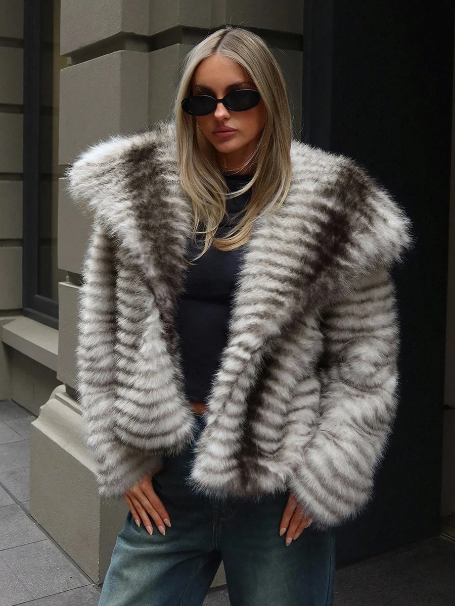 LIMO Women Striped Faux Fur Cropped Jacket Big Lapel Fluffy Short Coat