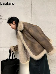 Lautaro Autumn Winter Oversized Thick Warm Soft Distressed Brown Faux Sheepskin Coat Women with Faux Fur Trim Fluffy Jacket 2023