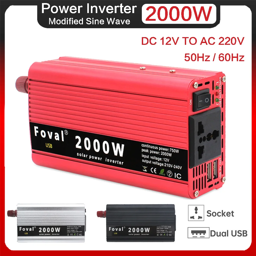 2000W Power Inverter DC 12V To AC 220V Car Adapter Converter Modified Sine Wave 50Hz/60Hz Dual USB Universal Socket Inverter