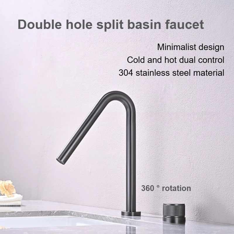 Minimalist 304 Stainless Steel Handwheel Switch 360° Rotation Dual Hole Split Bathroom Basin Faucet Cold and Hot Dual Control