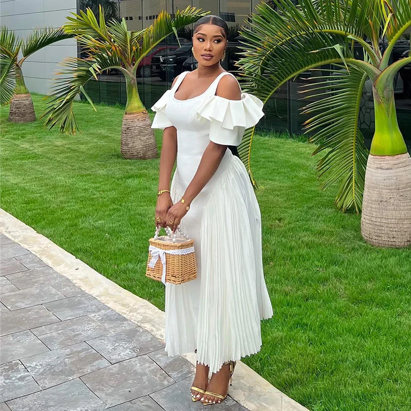 

new Women's clothing 2024 summer style temperament U-shaped collar lotus leaf sleeves high waist oversized dress long skirt