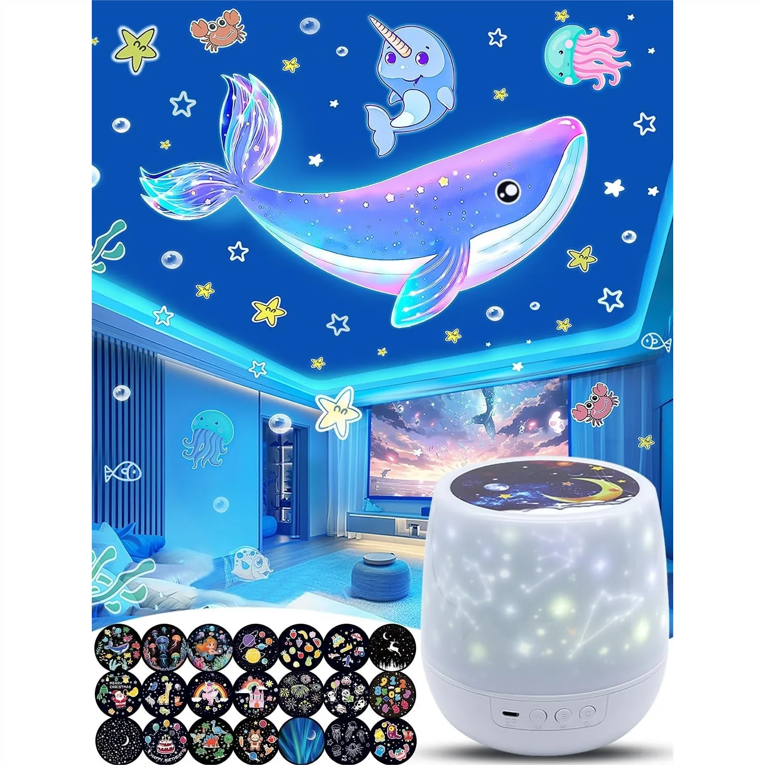 

Детский ночник-проектор с 21 пленкой, 360° ° Вращающийся декор для потолка спальни: Звездная галактика