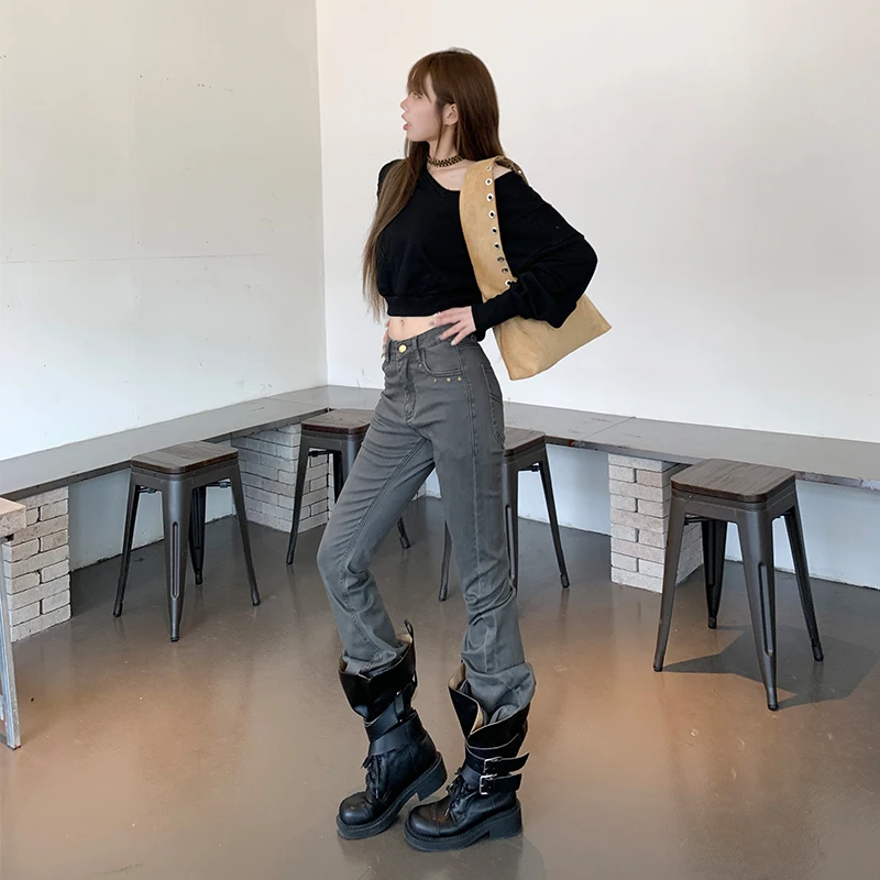 Women Flare Jeans Fashion Skinny Bell Bottom High Waist Gray Denim Pants Lady Classic Y2K Rivet Decoration Long Trousers