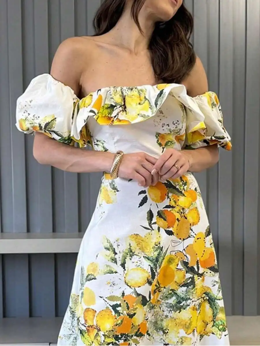 

Womens Summer Lemon Print Off Shoulder Puff Sleeve Elegant Midi Dress