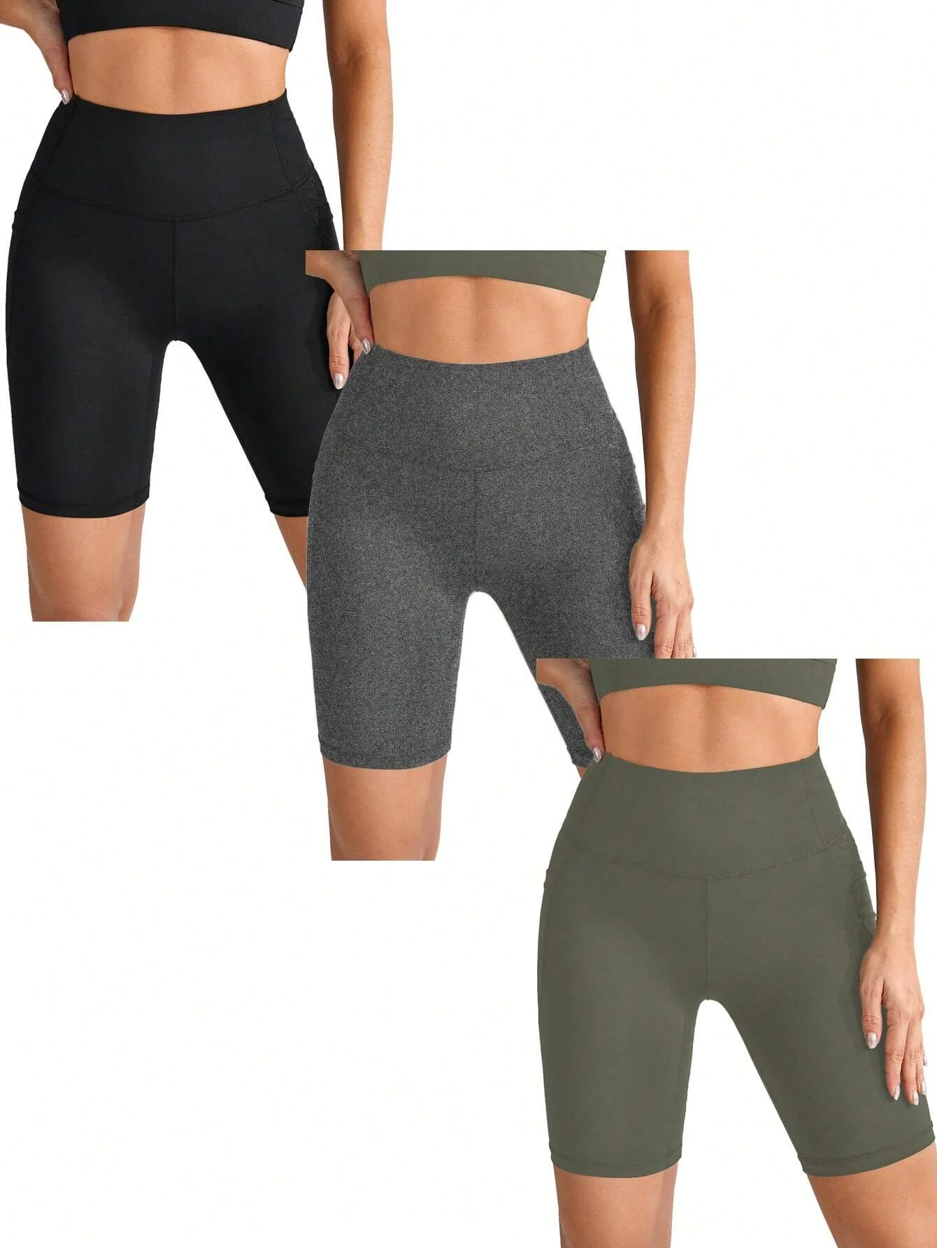 3-delige Sportstudio Effen Kleur Slim-Fit Sportshorts Met Hoge Taille En Zakken