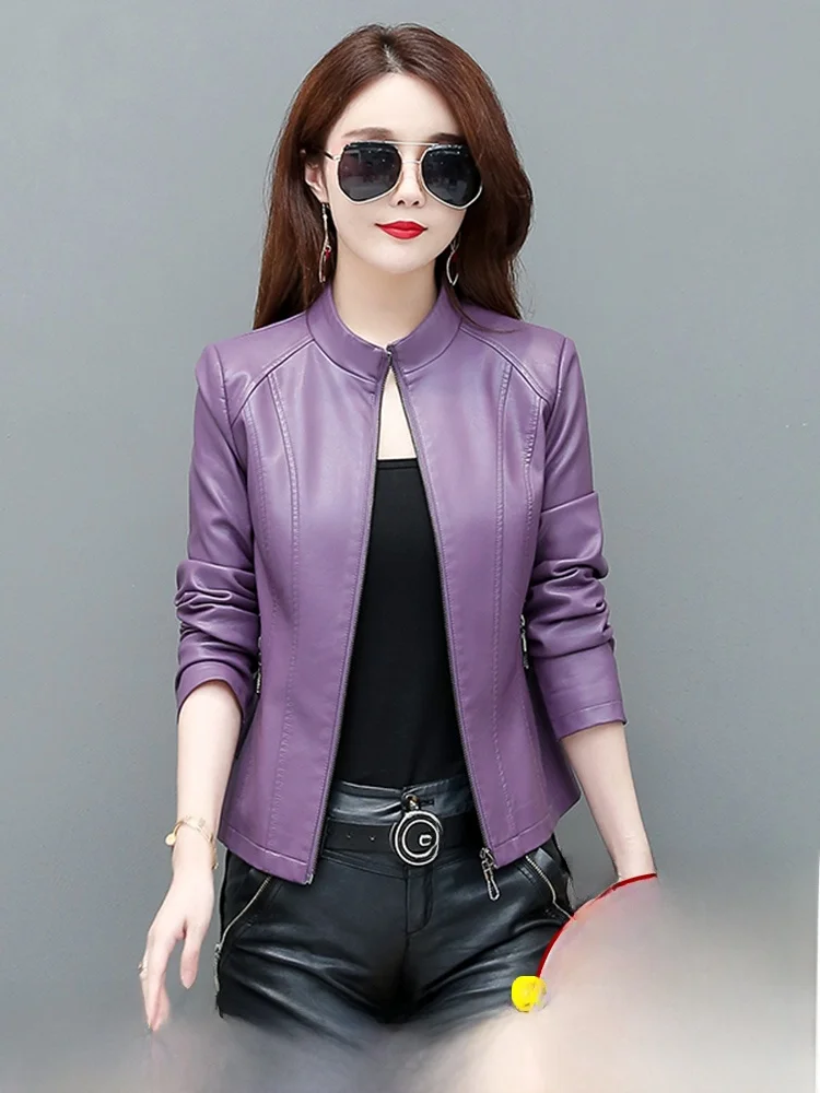 Real Leather ort Jaet Women's Sli Slim Fit Stand Collar Casual Leather Coat Korean Version Spring Autumn New Arrival