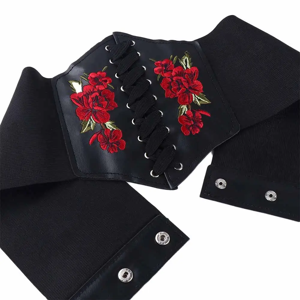 Punk Goth Dress Ornament Embroidery PU Leather Slimming Women Belt Female Dress Cummerbunds Waistband Waist Corset