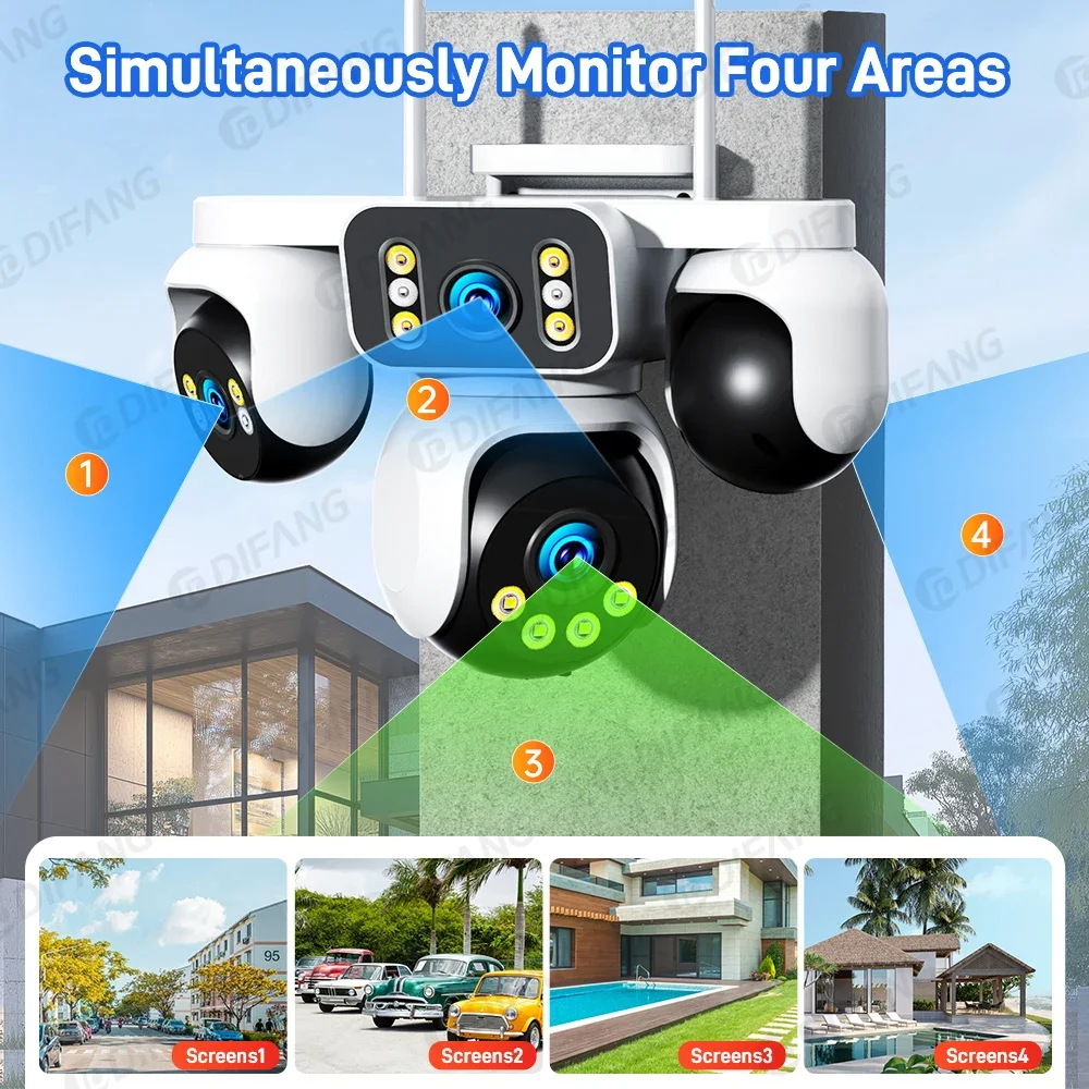 كاميرا DIFANG 20MP 4 شاشات أمنية WiFi 16X تكبير وتتبع تلقائي CCTV 10K كاميرا IP للمراقبة اللاسلكية في الهواء الطلق