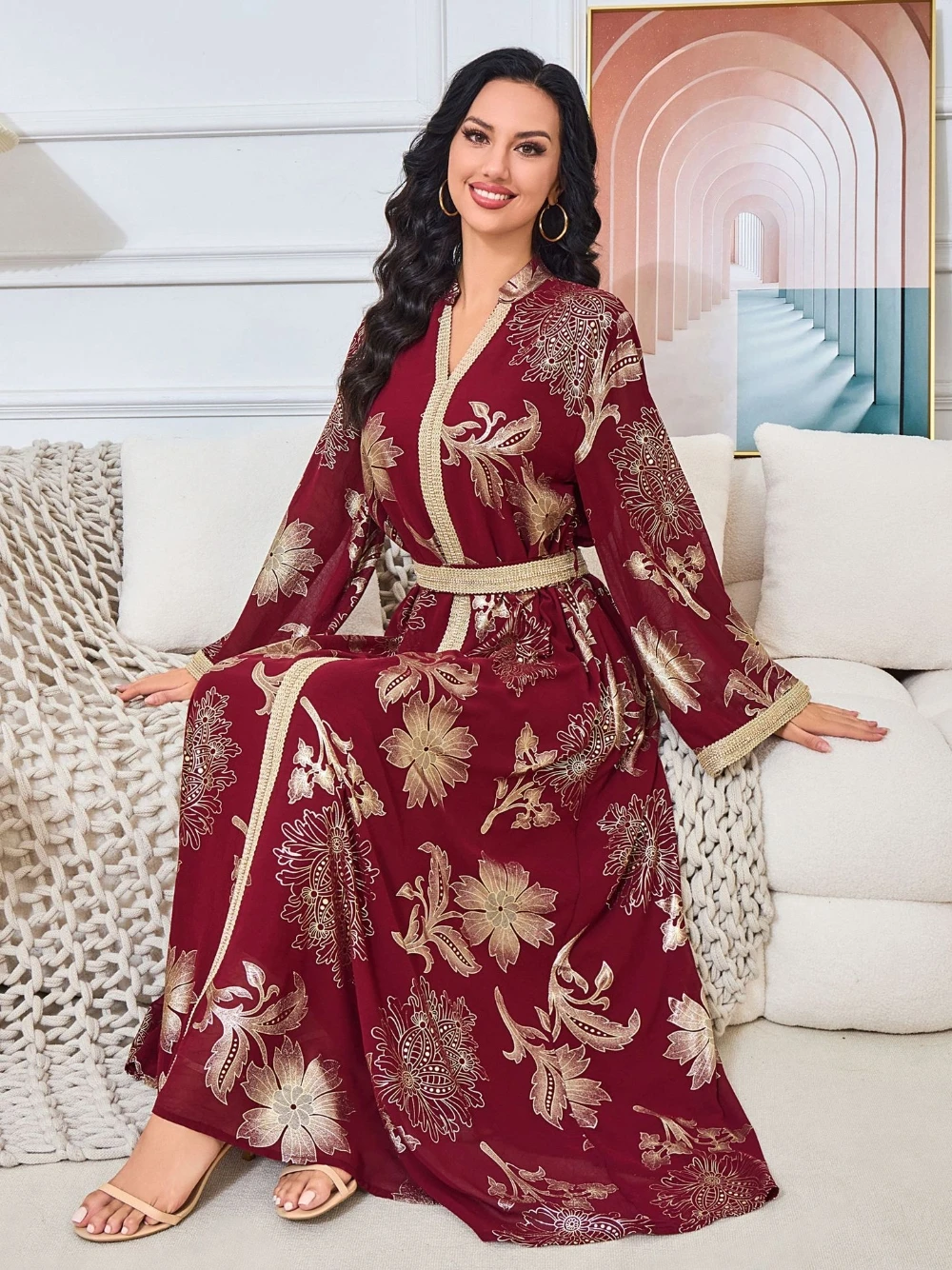 فستان سهرة طويل مريح من الشيفون للنساء المسلمات باللون العنابي مع تطريز زهور ذهبية وأكمام طويلة مقاس كبير ملابس الحفلات #4