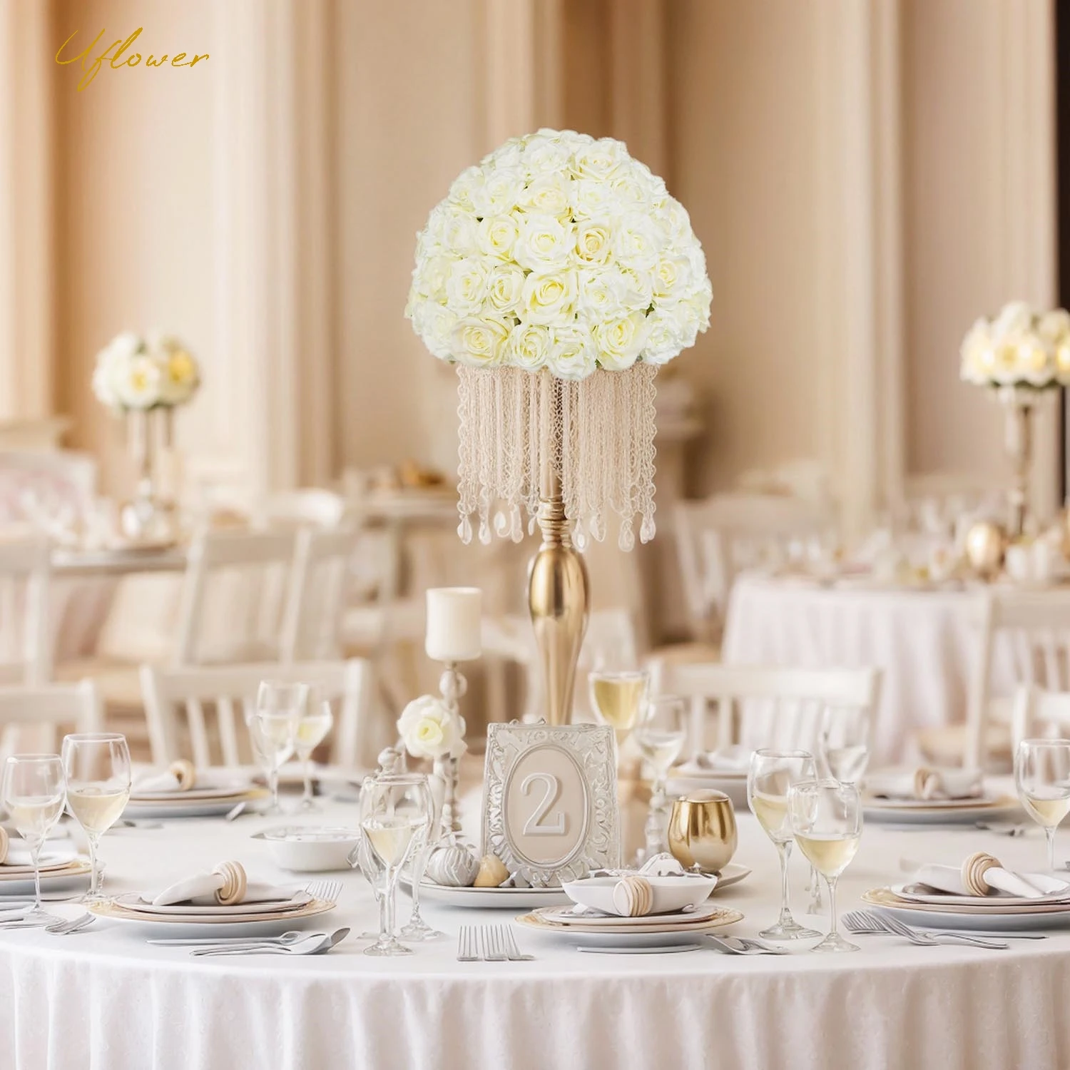

Uflower White 5D Rose Artificial Flower Row Table Wedding Centerpiece Party Wedding Floral Row Home Decor Wholesale Dropshipping