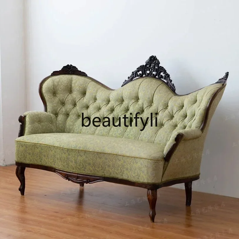 

American solid wood sofa retro old carved fabric casual double three light luxury studio living room1184