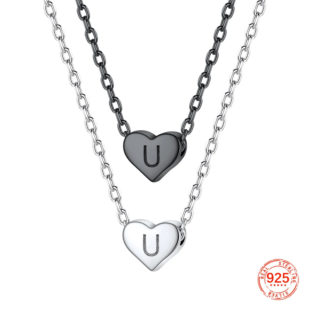 

U7 925 Sterling Silver Initial Letters Heart Necklace for Women 16 Inches Chains Choker Personalized Name Dainty Daily Jewelry